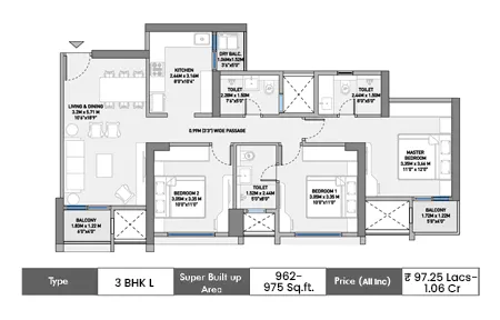 3 BHK-962–975 SqFt